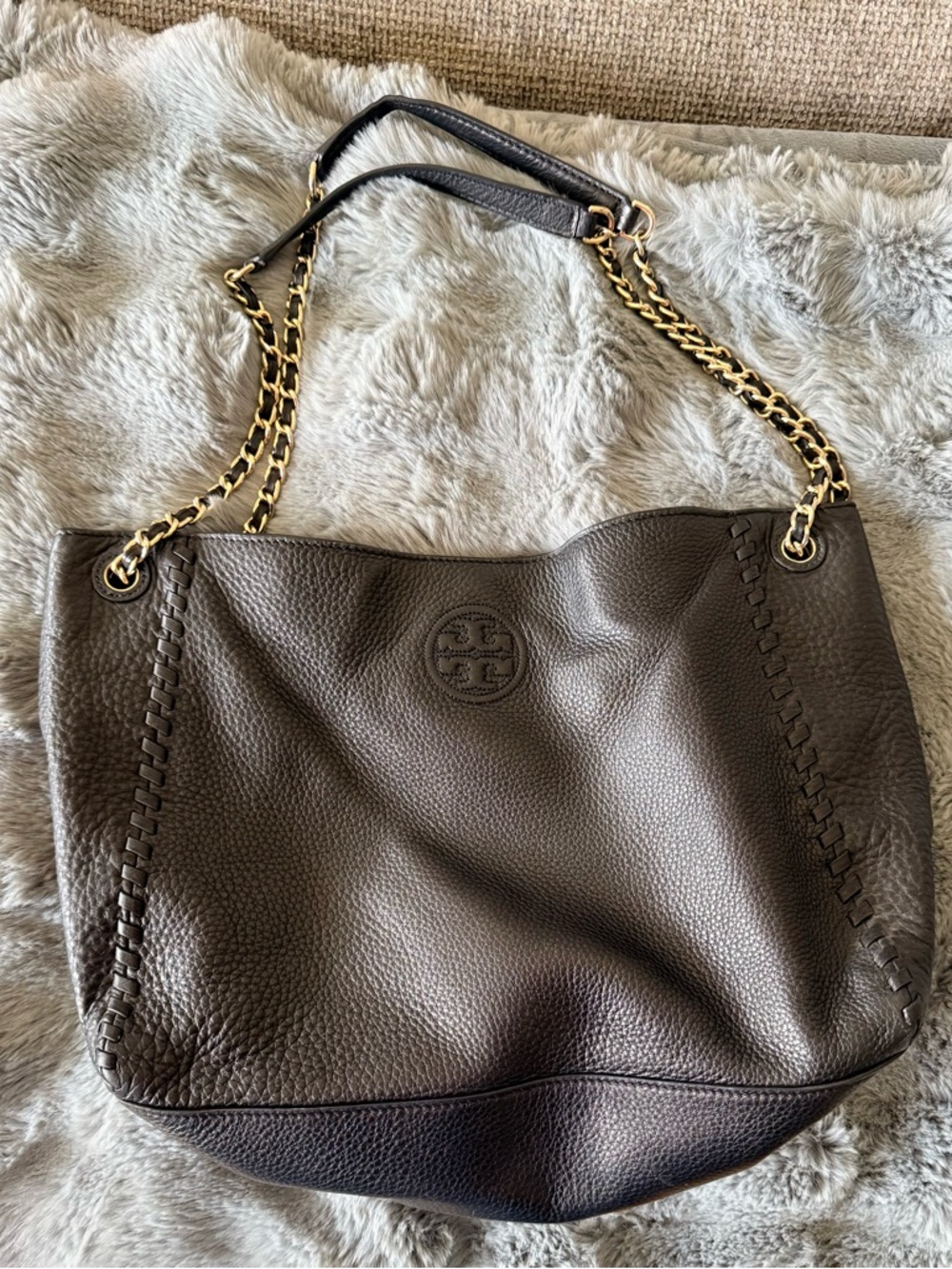 Tory Burch Dark Brown Pebbled Leather Chain-Handle Shoulder Bag